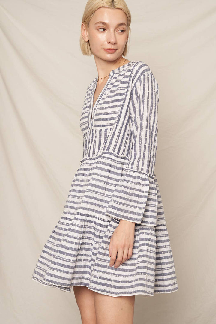 3/4 Sleeve Striped Tiered Mini Dress Navy + Ivory / Medium