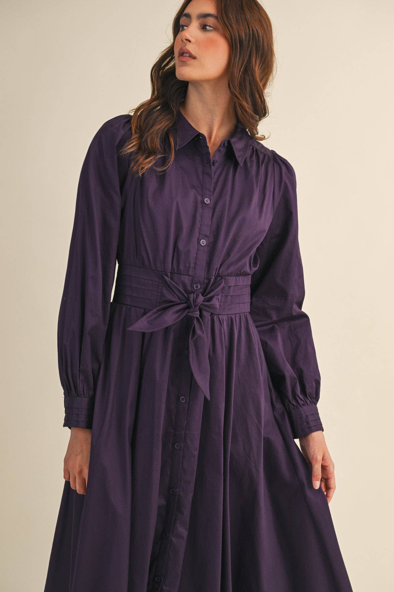 Pintuck Waist Tie Front Midi Dress Eggplant / Large