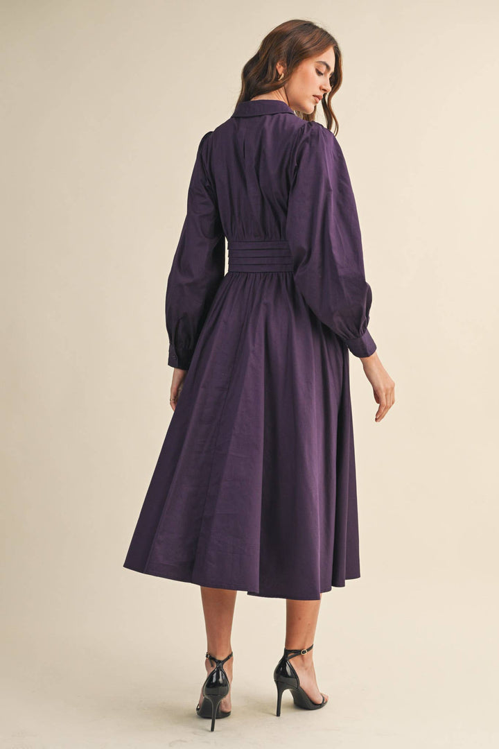 midi empire pintuck bodice dress Pintuck Waist Tie Front Midi Dress Eggplant / Large