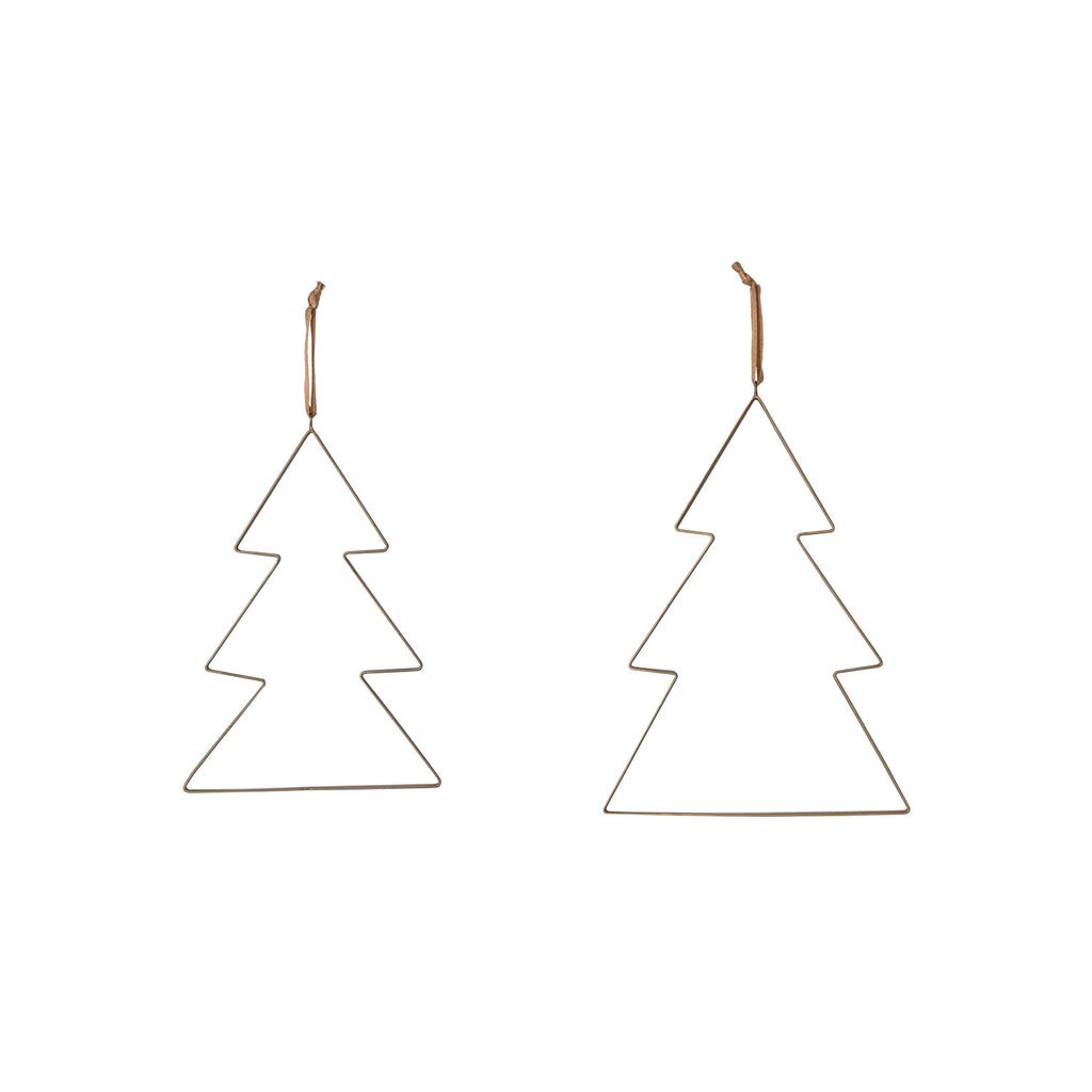 Hanging Metal Trees with Fabric Ribbon, Antique Brass Finish, Set of 2