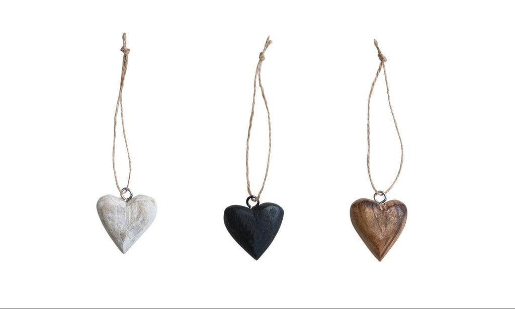 Mango Wood Heart Ornaments with Jute Hangers, Boxed Set of 24