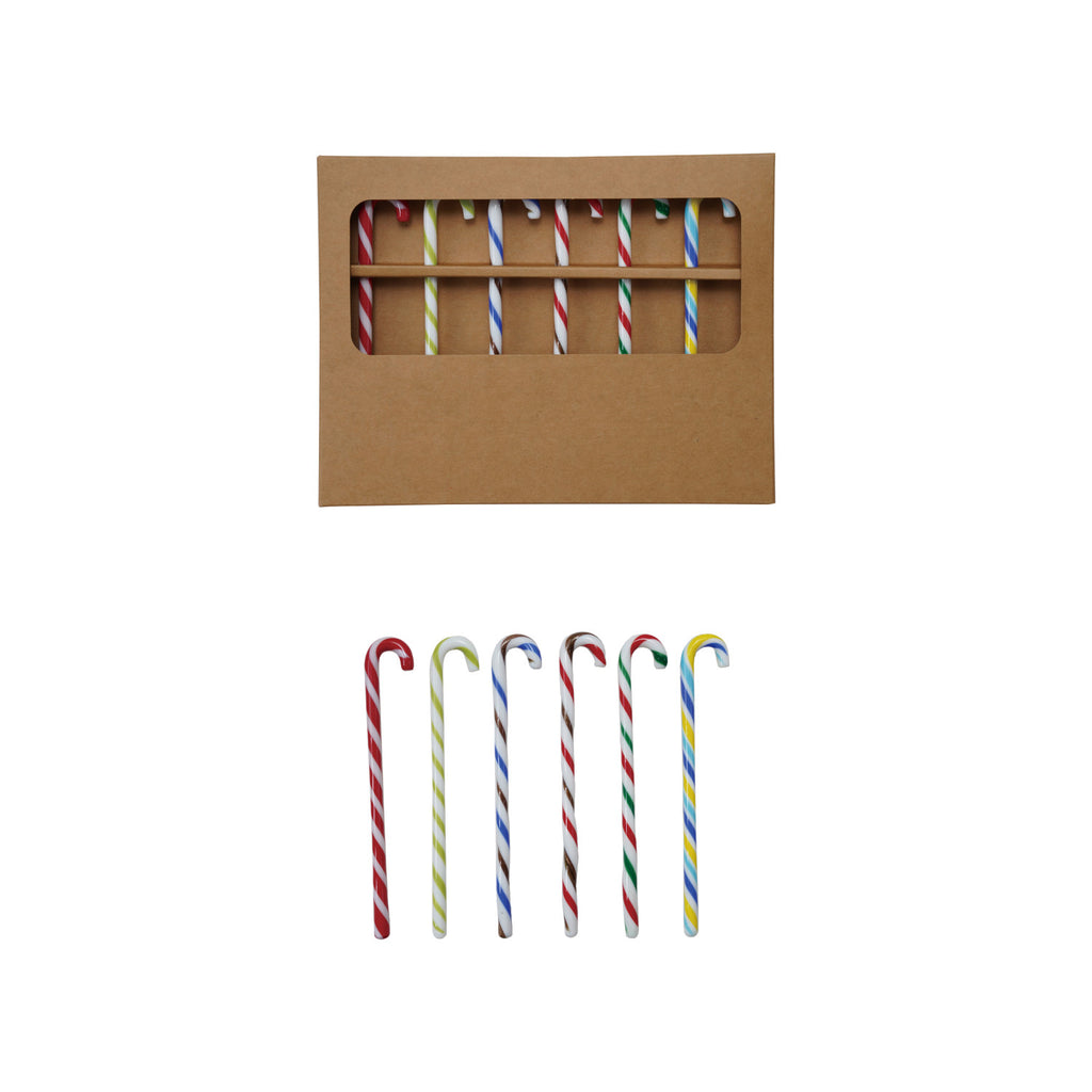 5"H Glass Candy Cane Shaped Stir Sticks, Boxed Set of 6