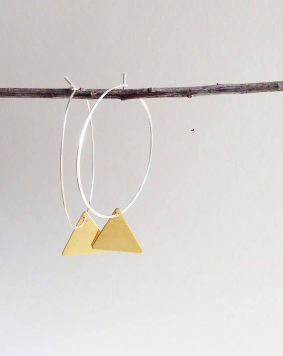 Large Sterling Silver Hoop  with triangle dangles earrings