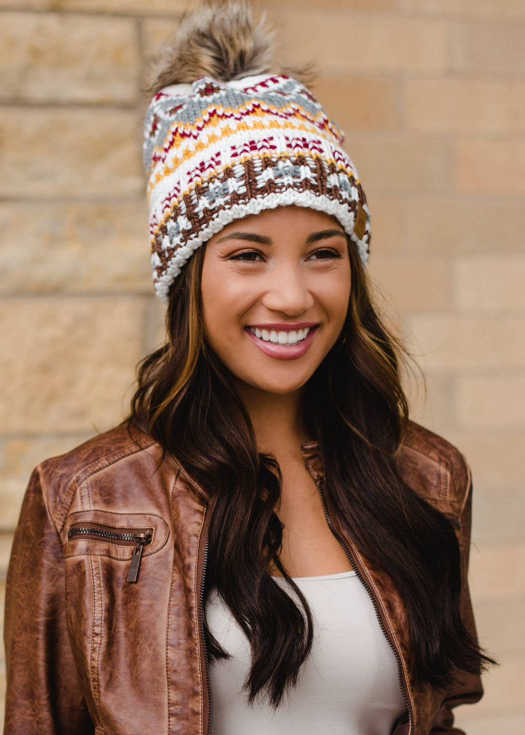 White & Multicolored Patterned Pom Hat
