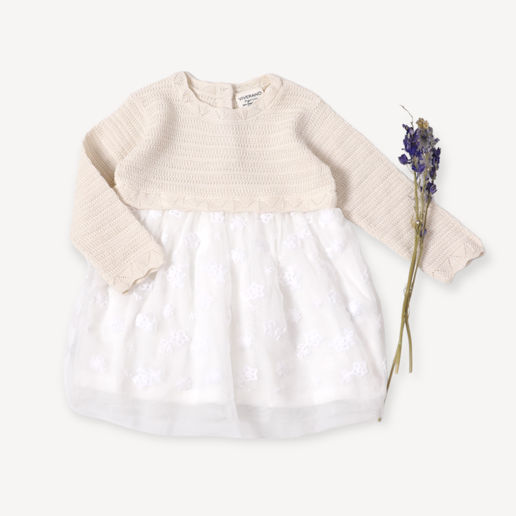 Milan White Floral Embroidered Tutu Knit Baby Dress Organic