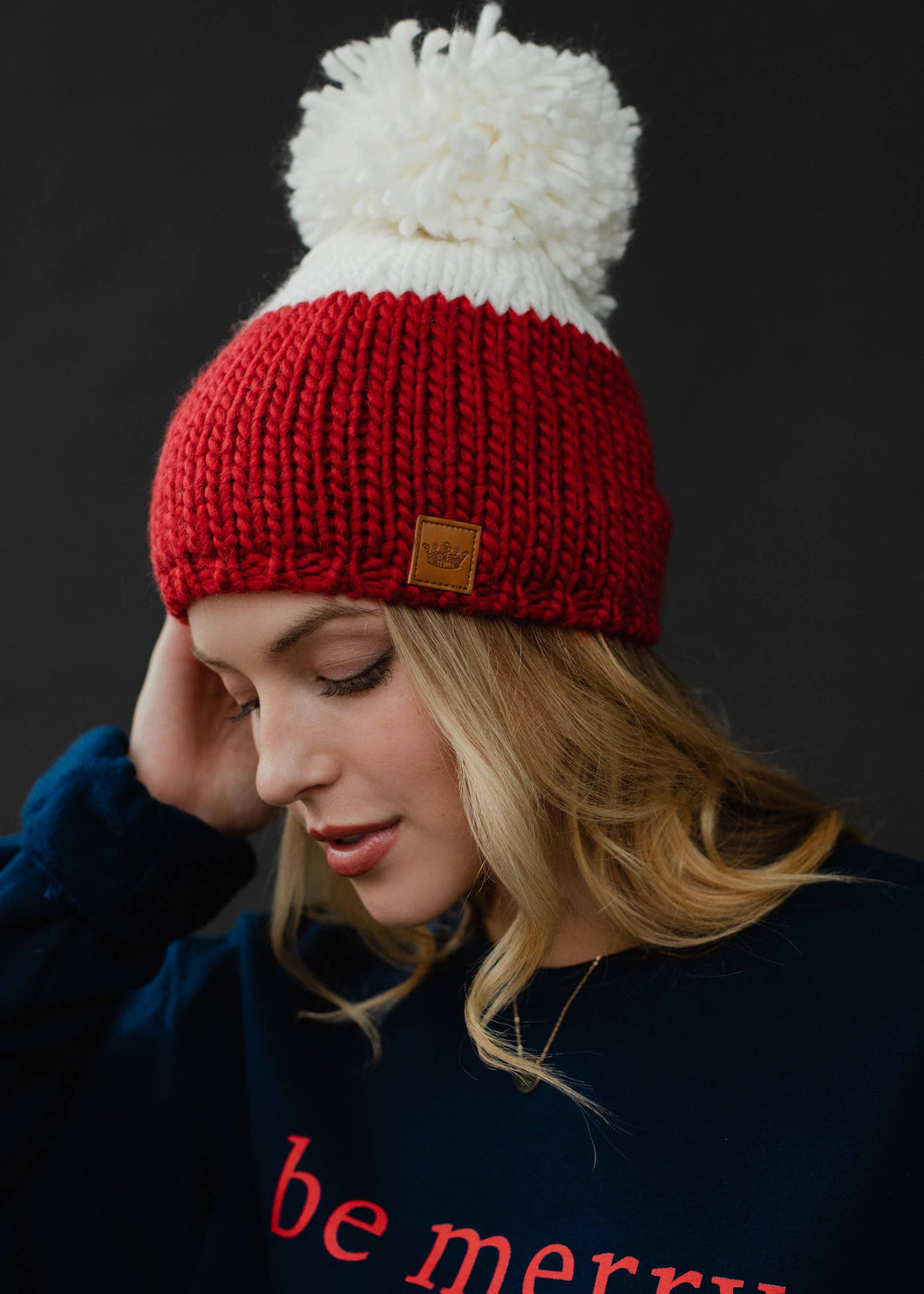 Red & Off White Color Block Pom Hat